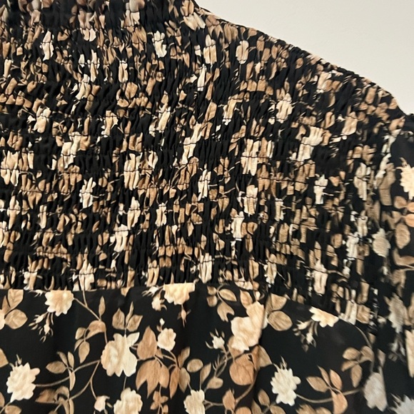 Bliss Floral Long Sleeve Dress Modest Size Large Maxi Black Brown Smocked - Picture 3 of 5